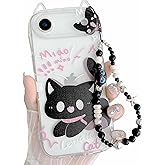 JANDM Cute Cat for iPhone 16 Pro Max Case with Beaded Strap, Clear Soft Cat Ears Shape for Girls Women Aesthetic Camera Protection Cover with Wrist Keychain
