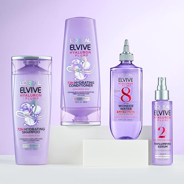 L’OREAL PARIS ELVIVE HYALURON PLUMP FLASH HYDRATION WONDER WATER HAIR RINSE, 8 SECOND HYDRATING HAIR CARE TREATMENT FOR SOFT, SHINY HAIR, 6.8 FL OZ