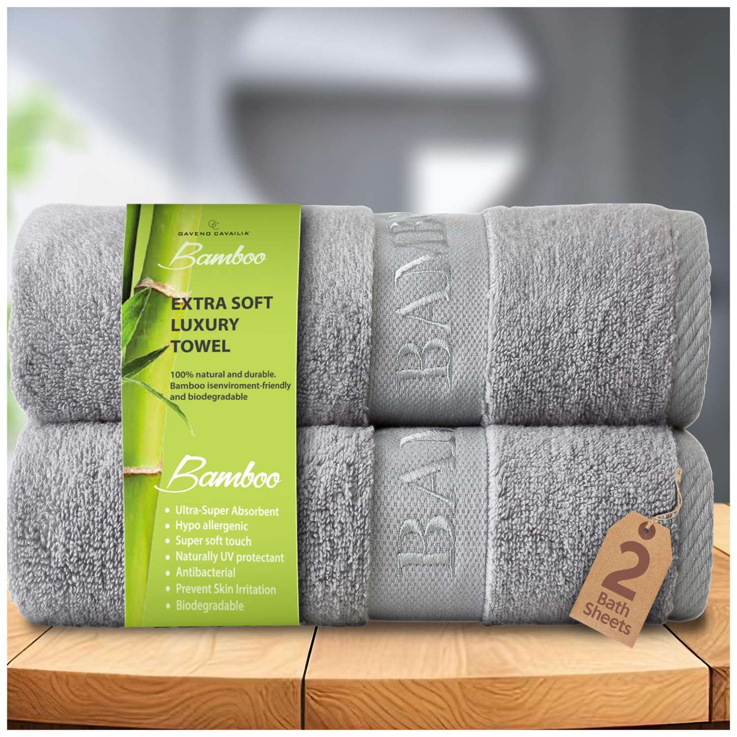 GC GAVENO CAVAILIA Bamboo Bath Sheet Extra Large (80x140cm) - 500 GSM Super Water Absorbent Towels Large Bamboo Towels 2 Pack (60% Bamboo, 40% Cotton) - Extra Soft Towel Bath Sheets - Silver