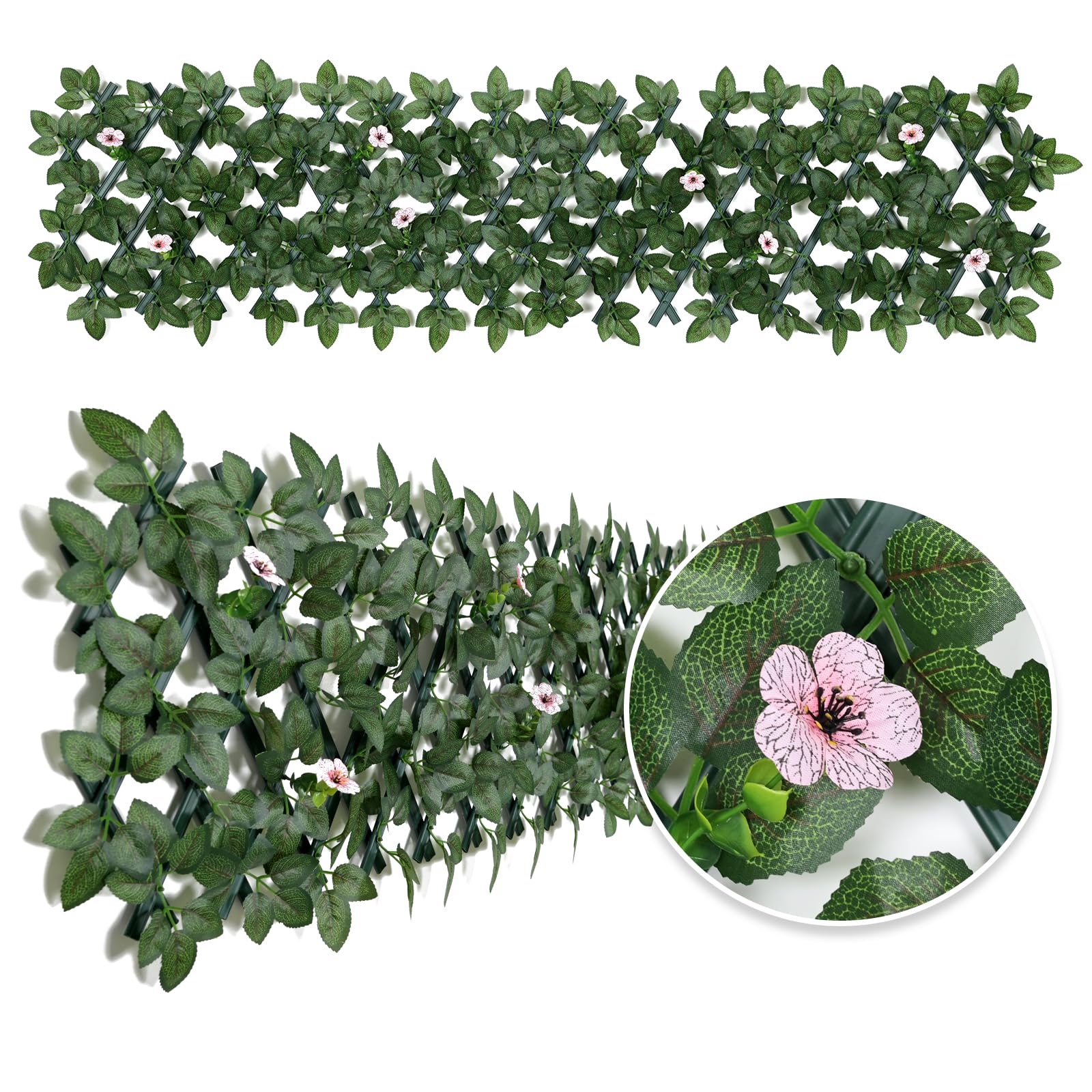 Expandable Garden Fence Screening Panels with Faux Ivy Privacy Screen - Pink Flower - 200x30cm