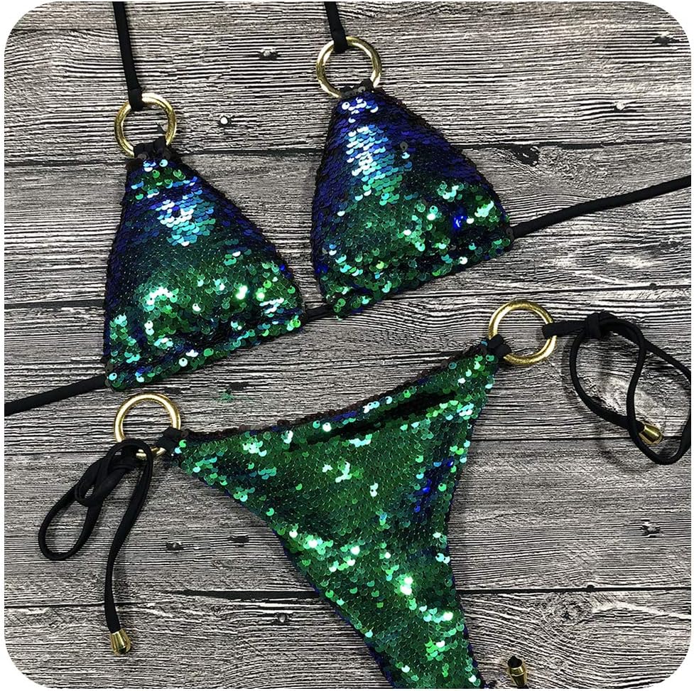 Encounter_meet Traje de baño Sexy de Bikini sólido con Lentejuelas