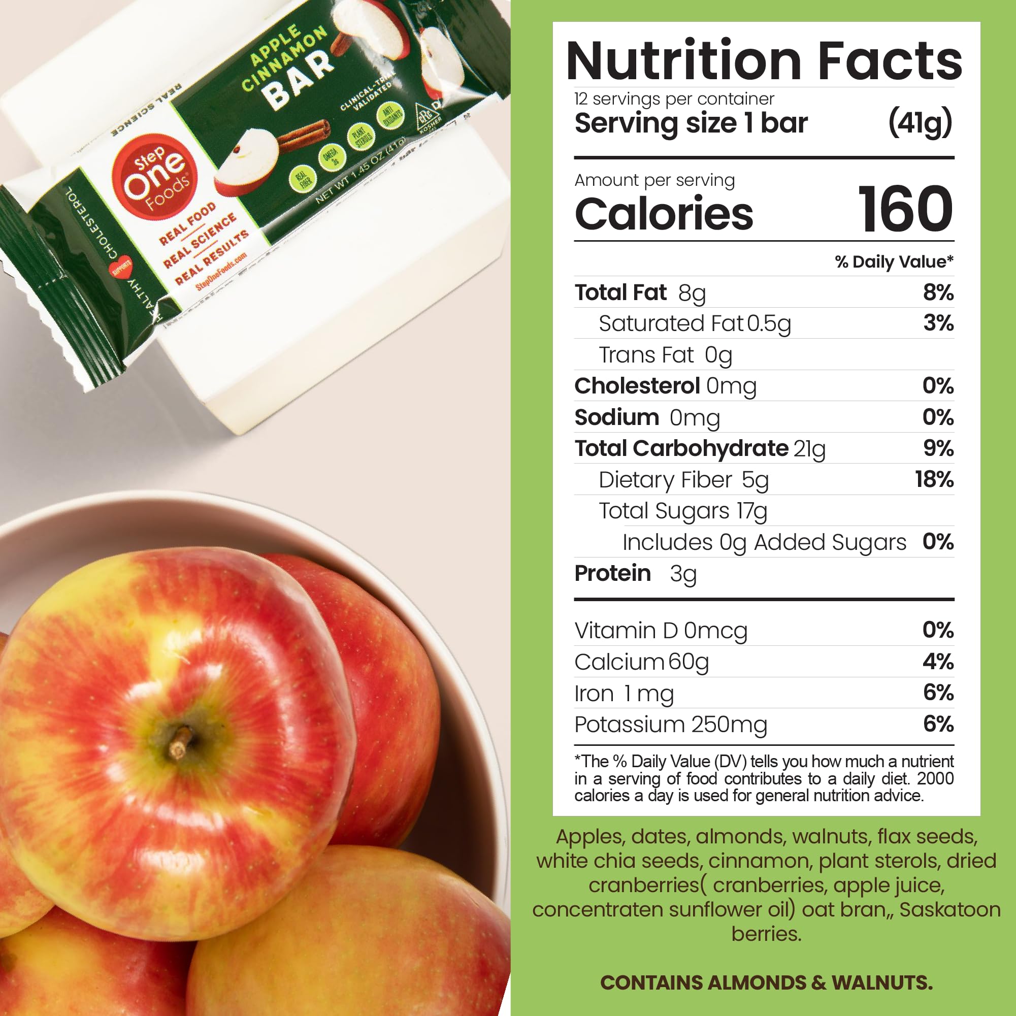 Step One Foods Apple Cinnamon Bars, Heart Healthy Snack Plant Sterols, Omega 3's and Dietary Fiber Gluten Free, Non-GMO, Vegan, Fruit and Nut Granola Bars (12 Pack)