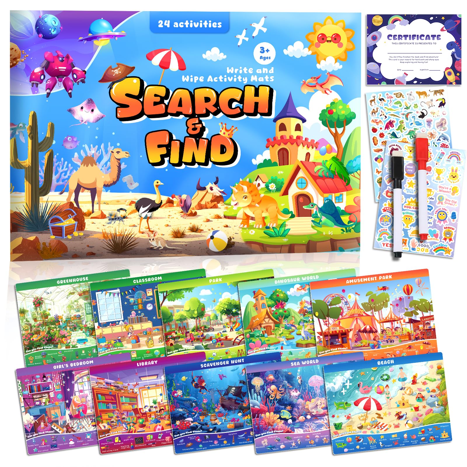Search and Find Books for Kids Ages 3-5; Road Trip Activities for Ages 4-8, 24 Themes Activity Book with 2 Dry Erase Markers