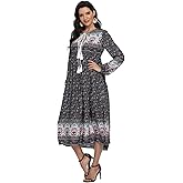 VintageClothing Women's Long Sleeve Bohemian Midi Dresses Summer Floral Retro V Neck Tassel Casual Dress