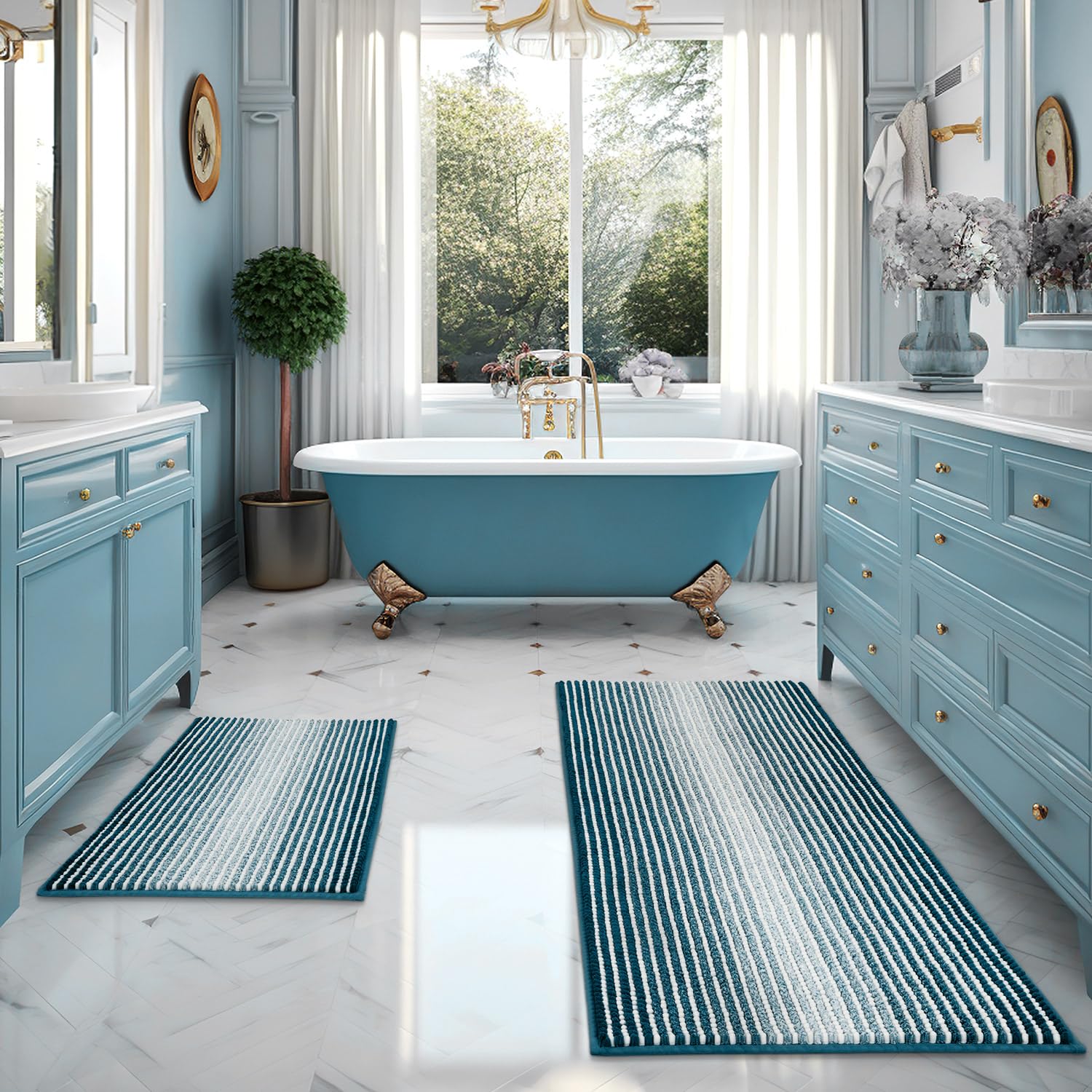 Photo 1 of BSICPRO Bathroom Rugs and Mats Sets, 2 Piece Thick Absorbent Chenille Bath Mat Rug Set Non Slip, Soft Shaggy Bath Room Floor Mats for Bathroom, Machine Washable (Teal, 20" x 47" Plus 20" x 32")