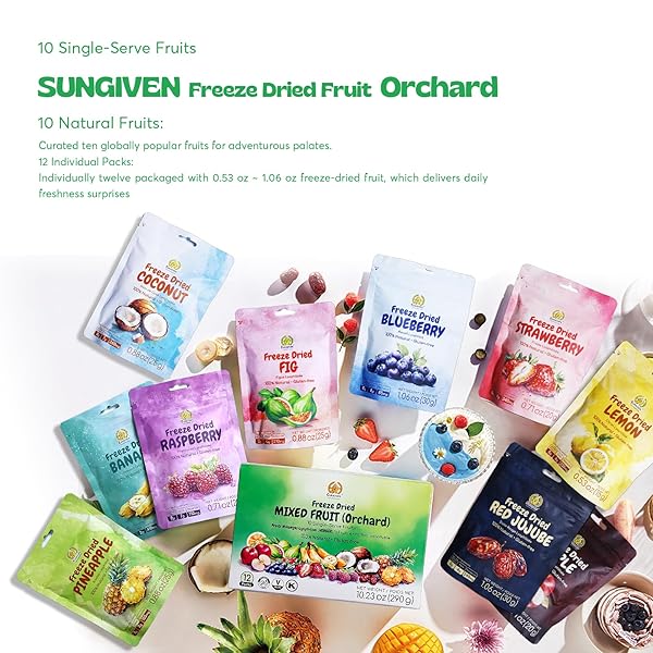 SUNGIVEN MIXED FREEZE-DRIED FRUIT, VARIETY PACK OF 12 BAG, HEALTH SNACK, FREEZE DRIED APPLE BANANA STRAWBERRY BLUEBERRY RASPBERRY COCONUT MANGO PINEAPPLE, NO SUGAR ADDED, 10.2 OZ