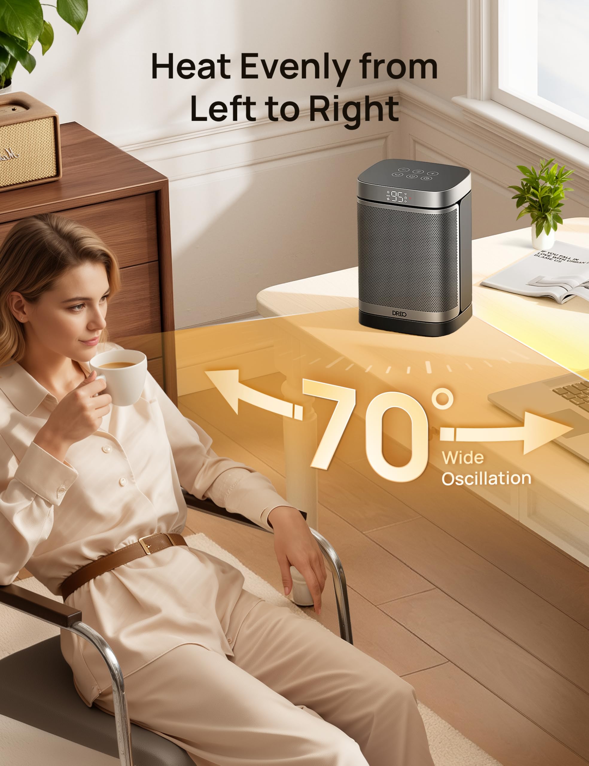 Dreo Space Heater, 1500W Portable Electric Heaters for Indoor Use, PTC Ceramic Heater for Office with Remote, Thermostat, 70°Oscillation, 12H Timer, 5 Modes, Safe Quiet Room Heater for Bedroom