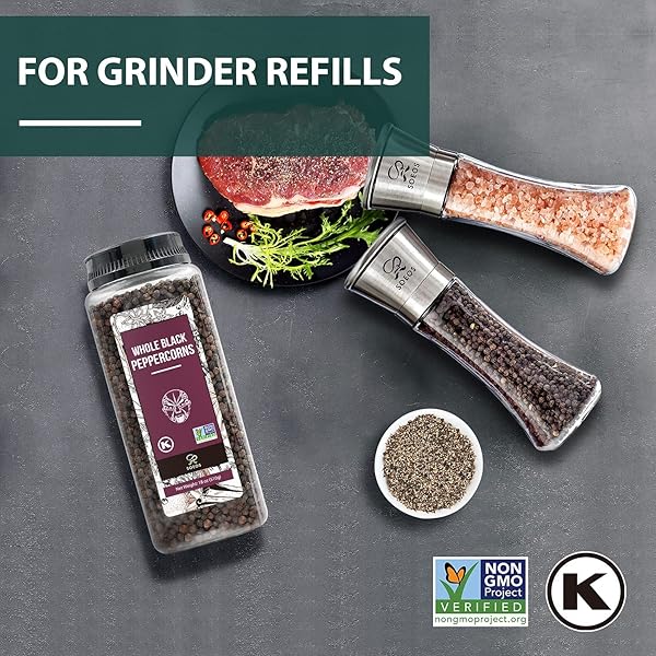 SOEOS BLACK PEPPERCORNS, 18OZ (PACK OF 1), NON-GMO, KOSHER, PACKED TO KEEP PEPPERS FRESH, PEPPERCORN FOR GRINDER REFILL, WHOLE PEPPERCORNS