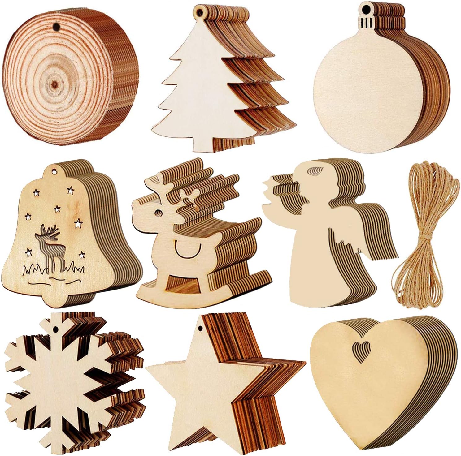 PartyYeah 90Pack Christmas Wooden Round Baubles Hemp Ropes, Wood Slices with Twines, 3.15inch Xmas Ornaments Ideal for Christmas Tree Hanging Decor& Art Crafts DIY Gift