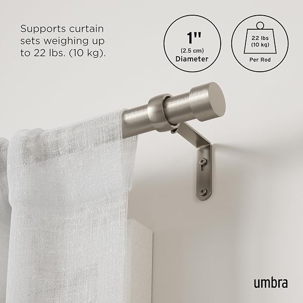 UMBRA CAPPA MODERN 1″ CURTAIN ROD, INCLUDES 2 MATCHING FINIALS, BRACKETS & HARDWARE, NICKEL