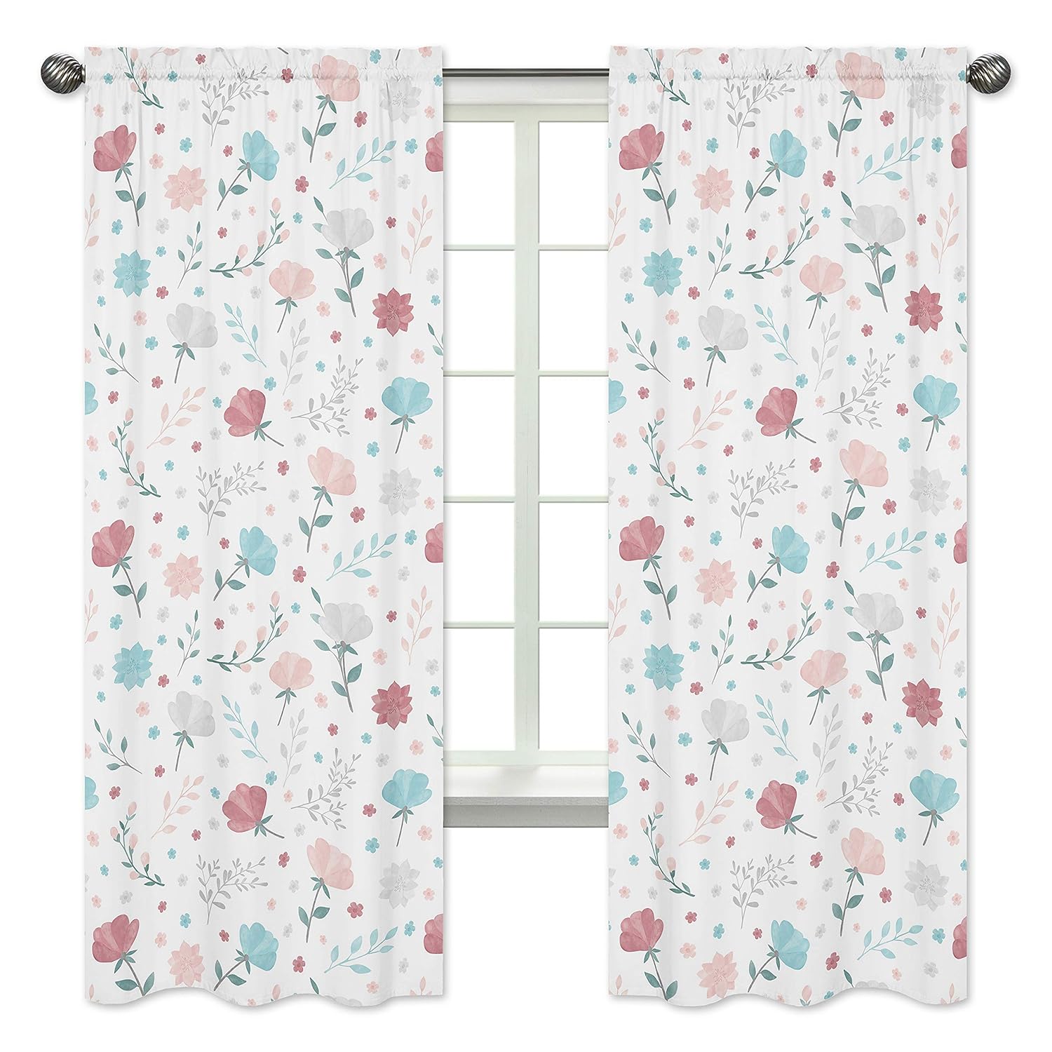 Sweet Jojo Designs Floral Rose Flowers Window Treatment Panels Curtains - Set of 2 - Blush Pink Teal Turquoise Aqua Blue Grey Pop Flower Boho Shabby Chic Modern Colorful Watercolor Wildflower Roses