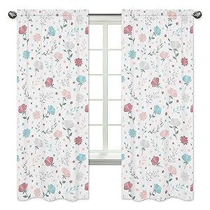Sweet Jojo Designs Floral Rose Flowers Window Treatment Panels Curtains - Set of 2 - Blush Pink Teal Turquoise Aqua Blue Grey Pop Flower Boho Shabby Chic Modern Colorful Watercolor Wildflower Roses