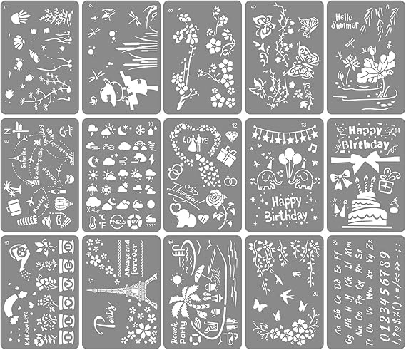 Amazon Augoog 15枚セット ステンシル 描画テンプレート 子供 製図用テンプレート 手帳用 テンプレート 描画ツール 絵描き道具 塗り絵 Diyアルバム 絵図 手帳用に テンプレート 通販