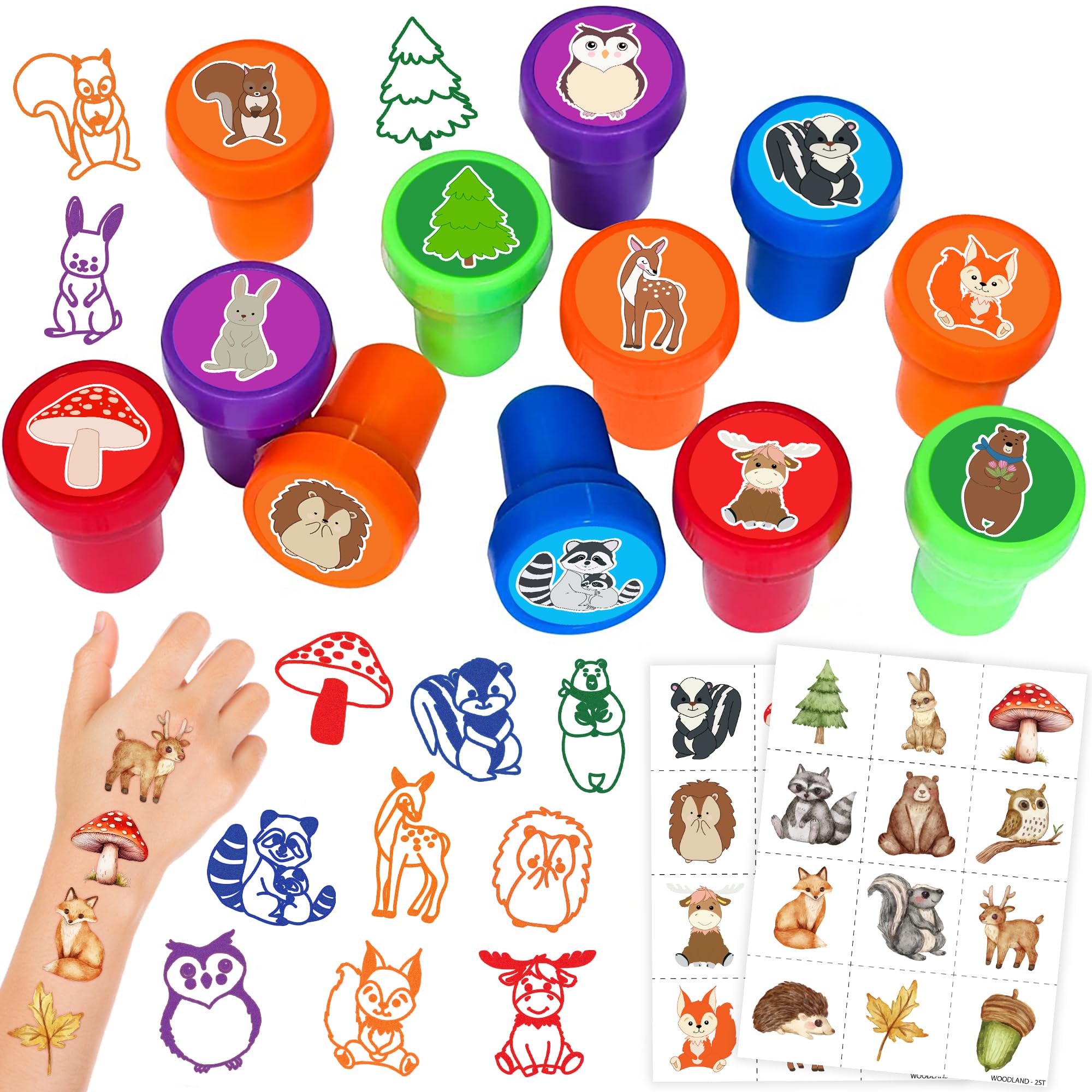 Photo 1 of 36PCS Woodland Animal Party Favors - 24PCS Pre-Cut Temporary Tattoos & 12PCS Stamps - Ideal Forest Themed Birthday Card Decorations Supplies Goodie Bag Baby Shower Kids Gifts Classroom Rewards Prizes