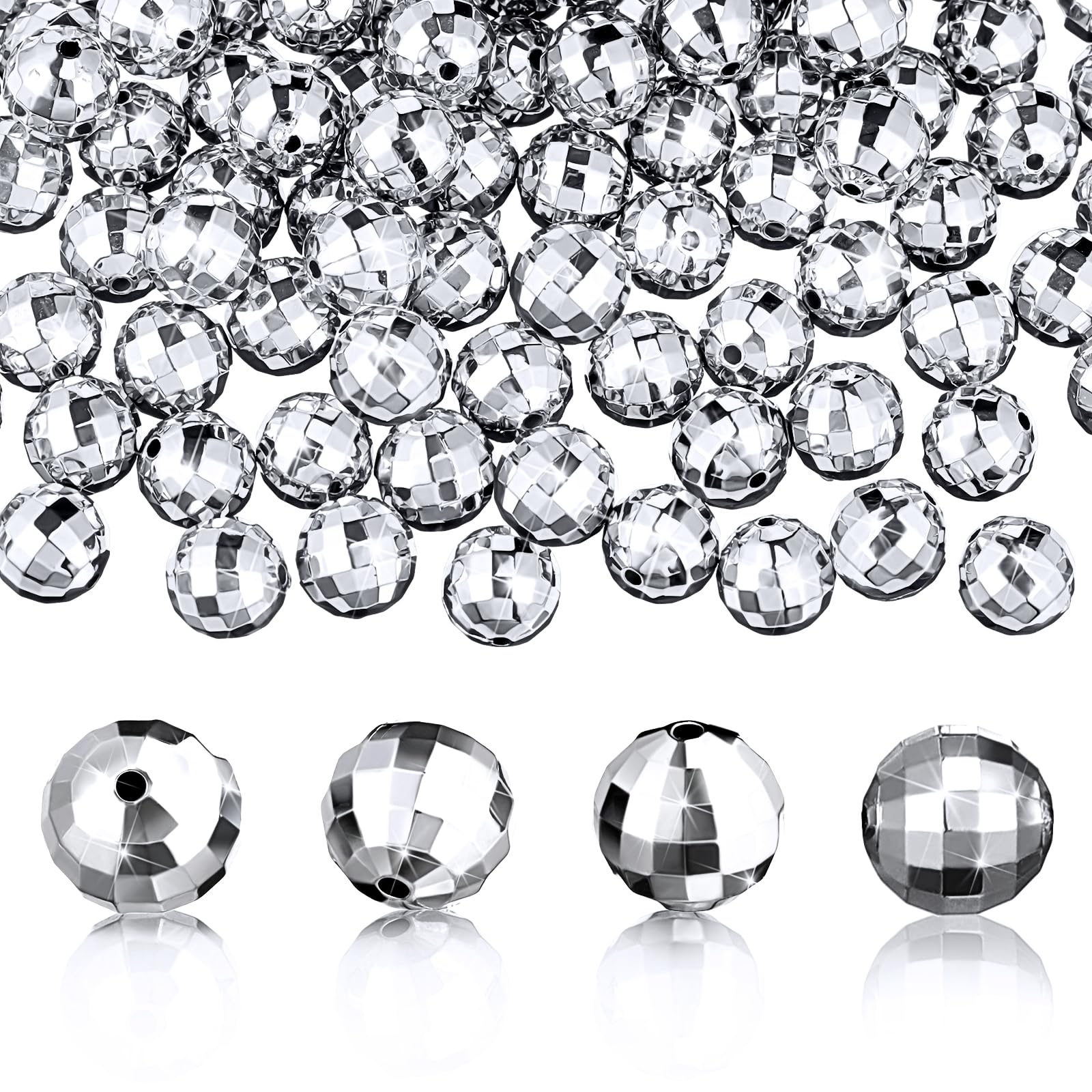 Photo 1 of Poen 200 Pcs Disco Ball Beads Round Silver Reflective Mirrorball Charms Mini Disco Ball Bracelet Necklace Jewelry Earrings Making Pendants for 70s 80s Costume DJ Party DIY, 10mm, 8mm(8 mm)