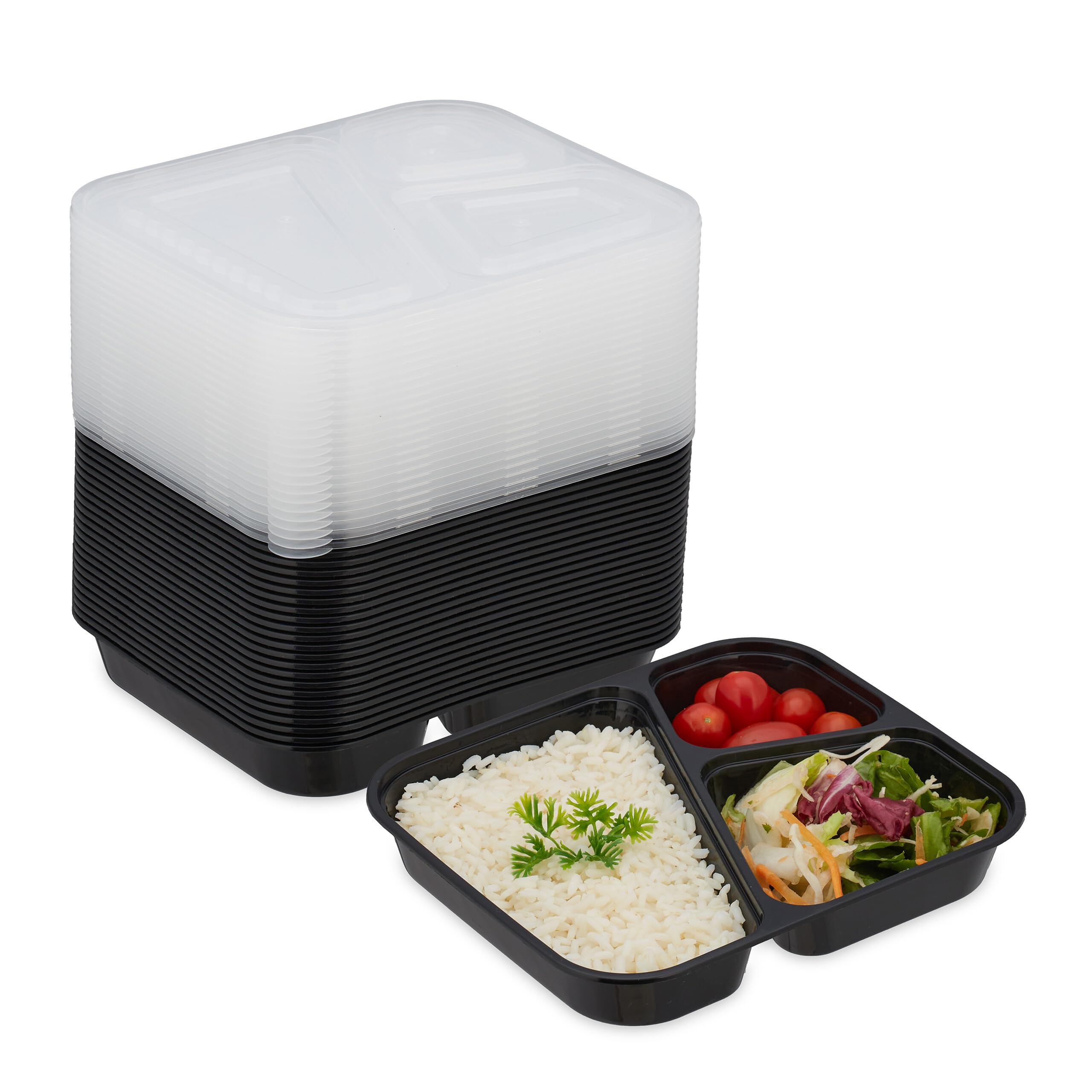 Relaxdays Meal Prep Containers, Set of 24, 3 Compartments, Microwave-Safe, BPA-Free, Reusable, Plastic Lunch Box, Black, 4 x 20 x 18 cm