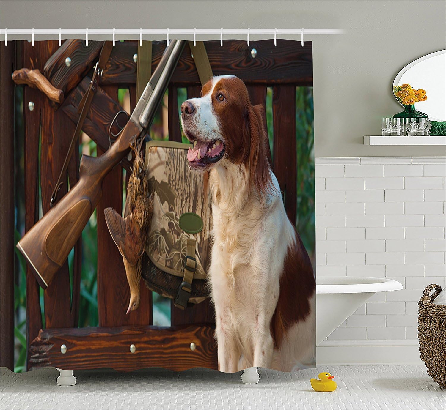 KRISTI MCCARTNEY Hunting Decor Shower Curtain, Gun Dog Near To Rifle and Trophies Pedigreed Hunted Duck Rustic Home, Fabric Bathroom Decor Set with Hooks, 84 Inches Extra Long, Brown White Green