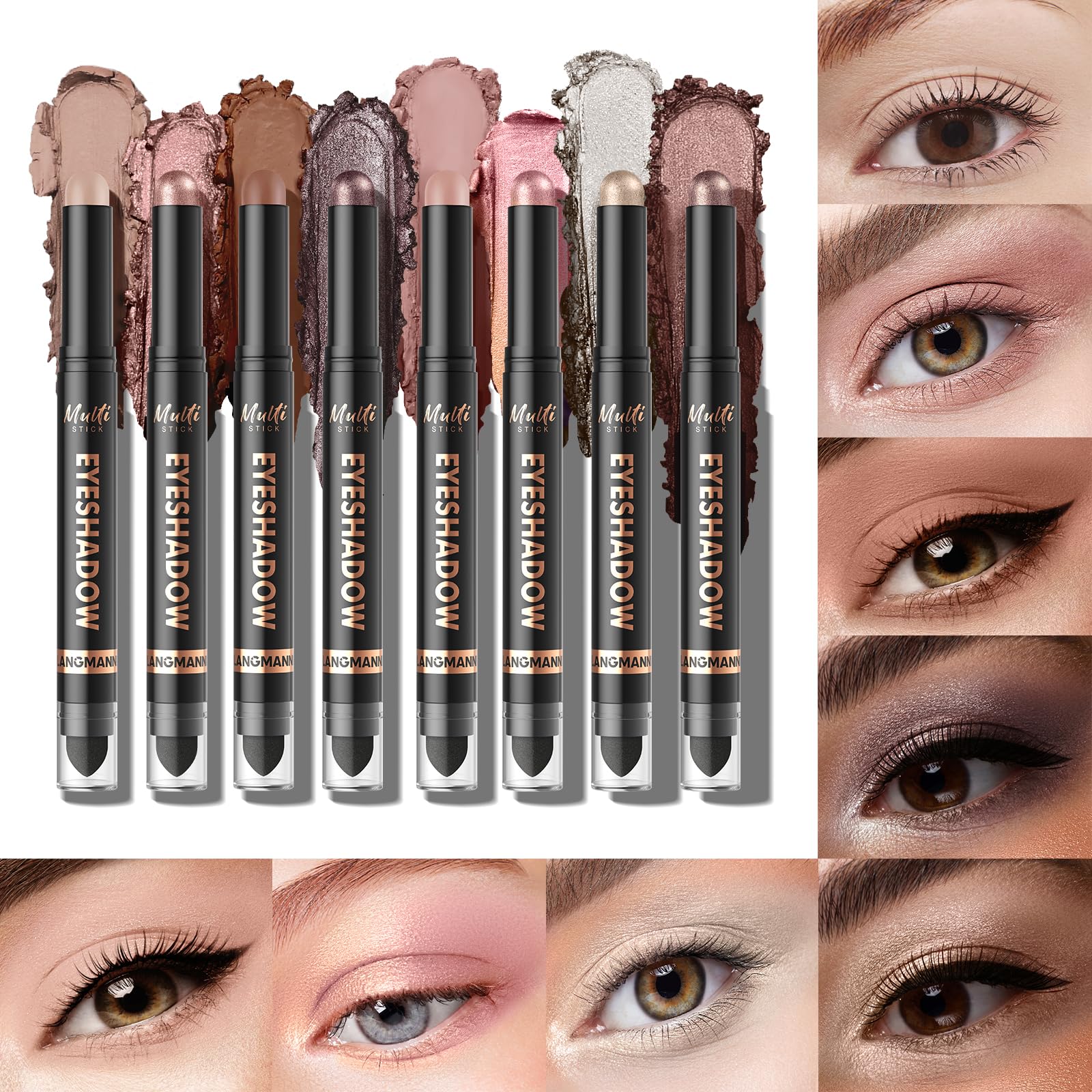 LANGMANNI 8Colors Dual-Ended Eyeshadow Stick Set – Silky Smooth, Waterproof & Transfer-Proof, Built-in Blender Brush, All-Day Matte & Shimmer Wear Eye Makeup(#A)