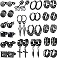 LASPERG Earrings for Men - 18 Pairs, Black Gold Silver & Stainless Steel Stud, Cross, Dangle, Hoop Earrings Set - Fashion Piercing Jewelry