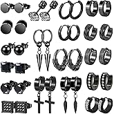 LASPERG Earrings for Men - 18 Pairs, Black Gold Silver & Stainless Steel Stud, Cross, Dangle, Hoop Earrings Set - Fashion Piercing Jewelry