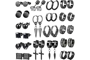 LASPERG Earrings for Men - 18 Pairs, Black Gold Silver & Stainless Steel Stud, Cross, Dangle, Hoop Earrings Set - Fashion Piercing Jewelry