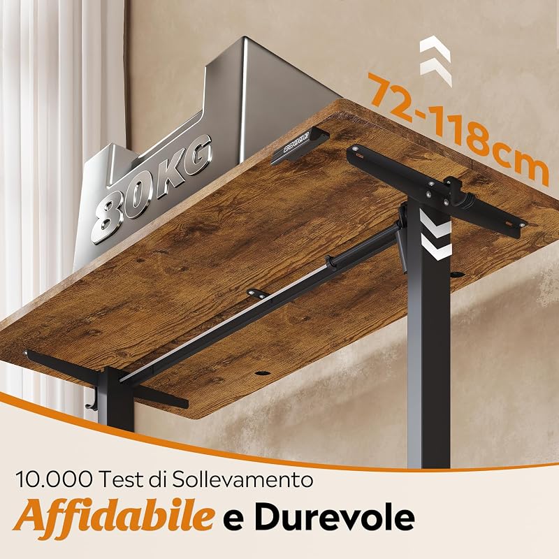 Scrivania Regolabile in Altezza Elettrica 160x70 cm, Scrivania Ufficio Ergonomica con Piano a 2 Sezioni, Funzione Memoria e Sistema Anticollisione, Altezza 72-118 cm,Marrone