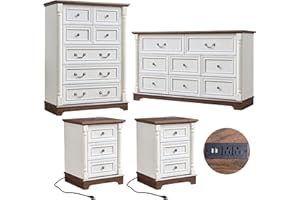 OKYCI 4PC Farmhouse Dresser and Nightstand Sets for Bedroom, Including Tall 7/8 Drawer Dresser & 3 Drawer Night Stand Set of 2 with USB, Antique White