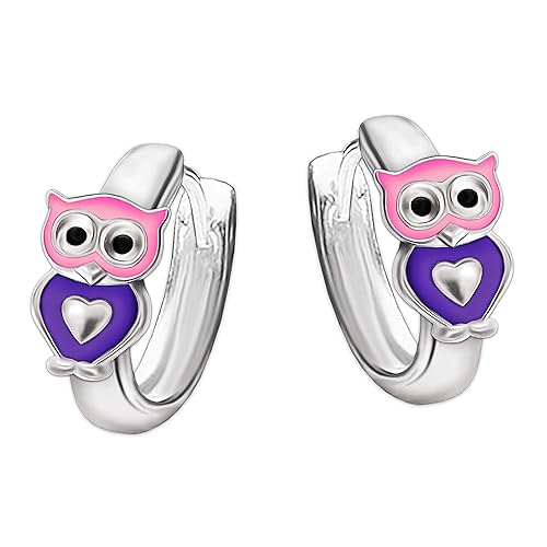 Clever Schmuck Silberne kleine Kinder Creole Ø 10 mm Mini Eule mit Herz rosa violett glänzend STERLING SILBER 925 für Kleinki