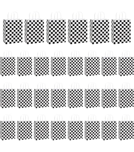 JasperKino 10 Pcs Checkered RRF12 Racing Treat Bags Race Car Party Favors Bag Handles Black White Checkered Racing Flag Candy Bags Goodie Race Car Th