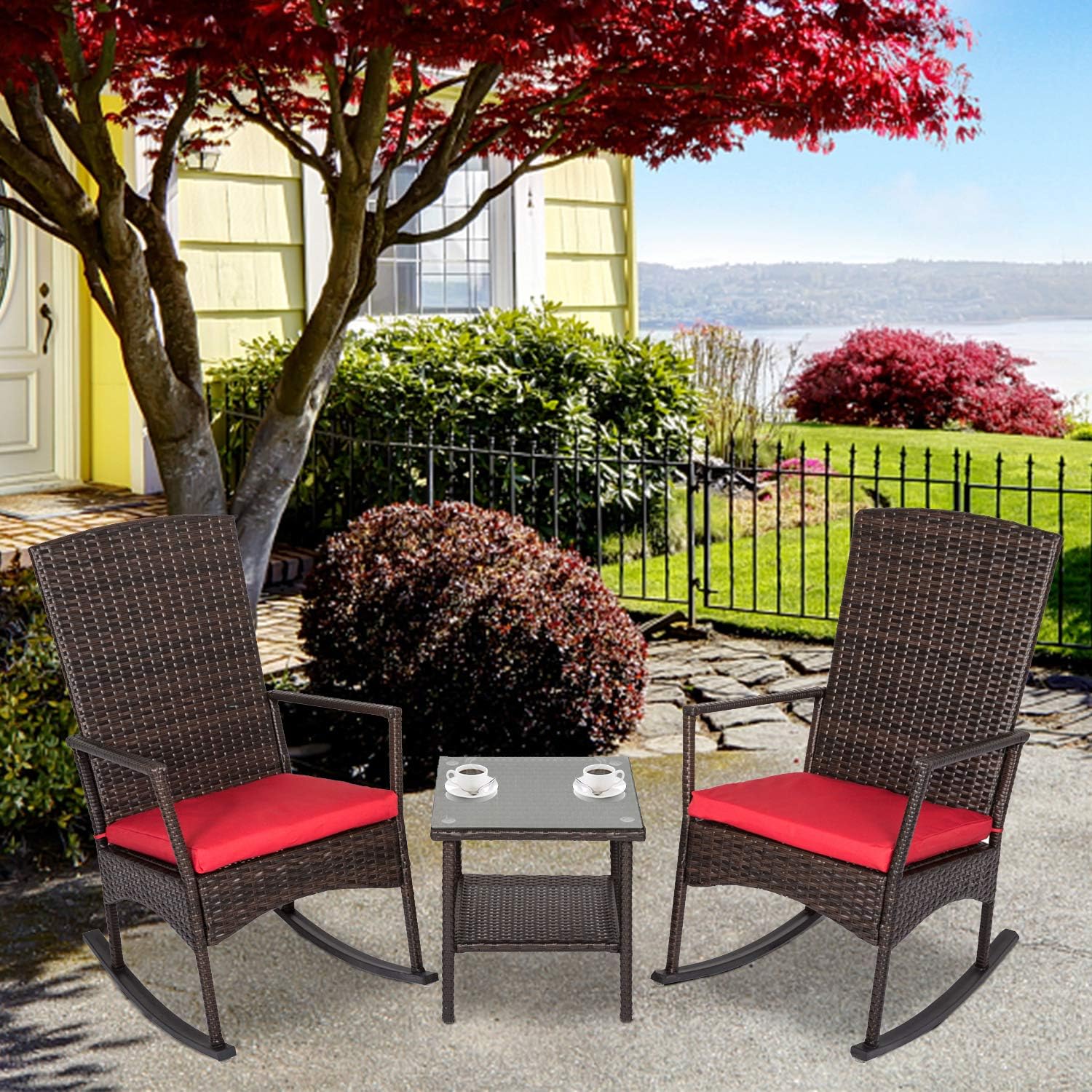 kinbor 3PCS Outdoor Rattan Rocker Chair Side Tea Table Set, Garden Rocking Wicker Lounge w/Red Cushion: Kitchen & Dining