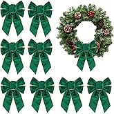 Ftuuo 8pcs Christmas Wreath Bows, Green Velvet Bow for Wreath Golden Edged Xmas Crafts Decorative Ornament Bow for Indoor Outdoor Christmas Wedding Holiday Party Decorations