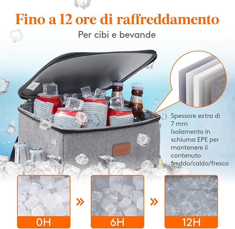 Zaino Termico 24L (30 Lattine), Borsa Frigo Portatile con Scomparto, Grande Borse Termica Porta Pranzo per Uomo e Donna, Cooler Bag per Mare, Spiaggia, Viaggio, Grigio
