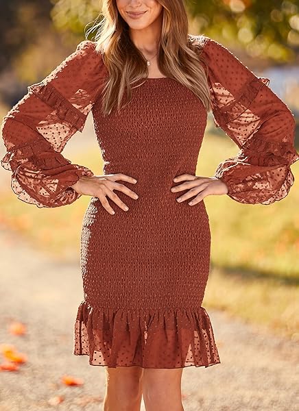 PRETTYGARDEN WOMENS 2024 FALL SMOCKED BODYCON MINI DRESS LONG SLEEVE SQUARE NECK SWISS DOT RUFFLE MERMAID ELEGANT DRESSES (BROWN,X-LARGE)