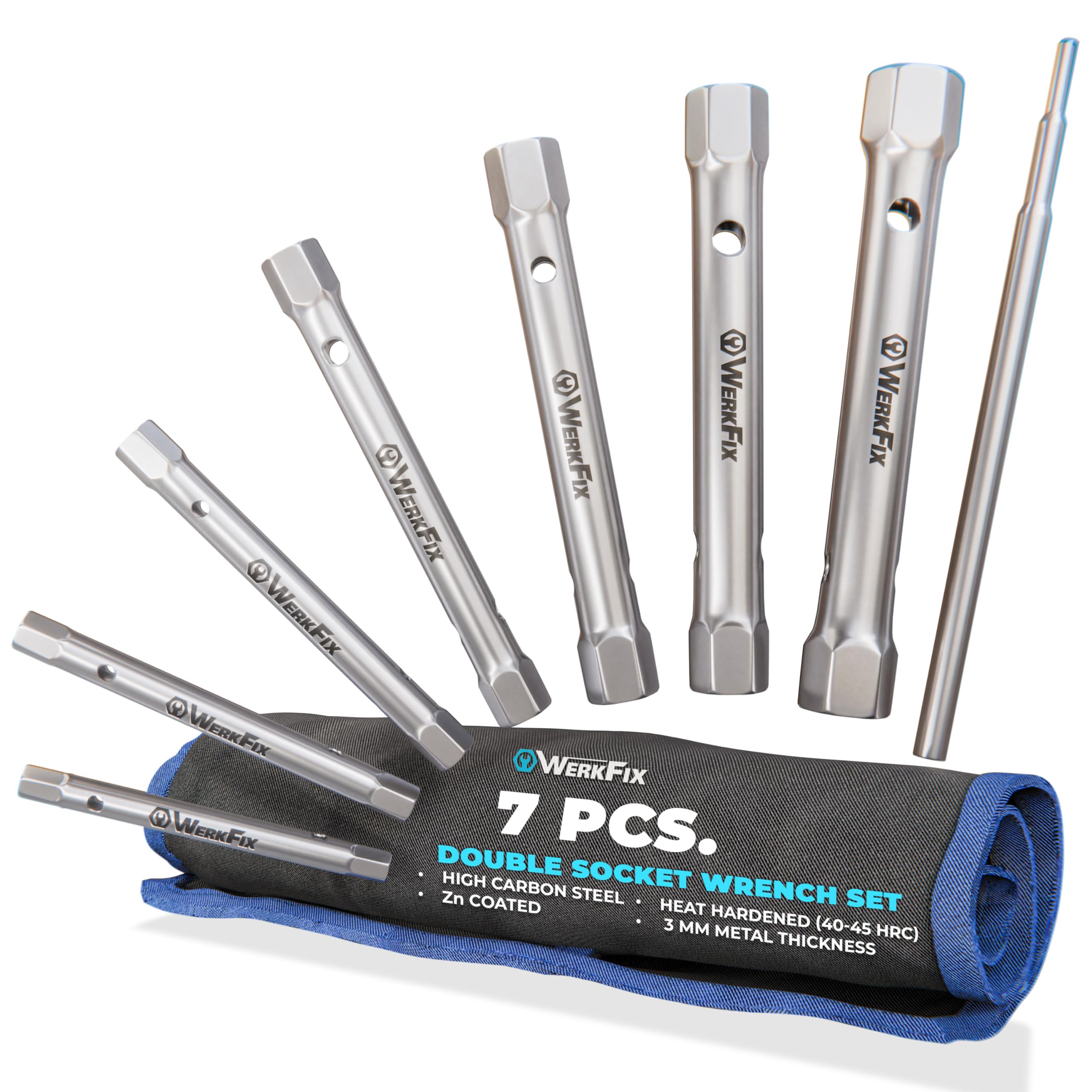 WERKFIX Box Spanner Set 7 Pieces : 6/7, 8/9,10/11,12/13,14/15,16/17,18/19 mm Made of grV Steel, matt-Finished, in The Bag