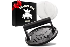 SMASHER KING™ - Premium Cast Iron Smash Burger Press incl. 25 pcs of Patty Paper, Burger Smasher for Griddle with Black Wood Handle, Perfect Hamburger Press