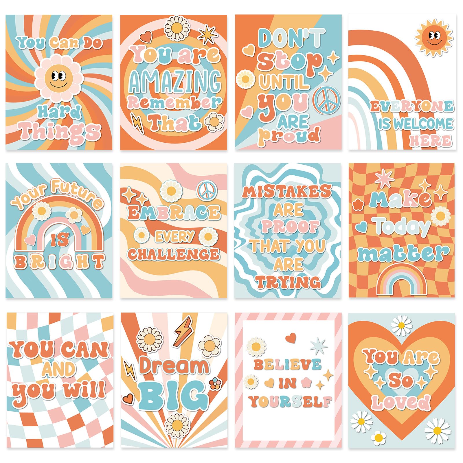 Photo 1 of Nezyo 12 Pcs Retro Groovy Classroom Posters, Boho Hippie Flowers Bulletin Board Decor Educational Poster Mindset Posters for Nursery Bedroom School (Retro Groovy)