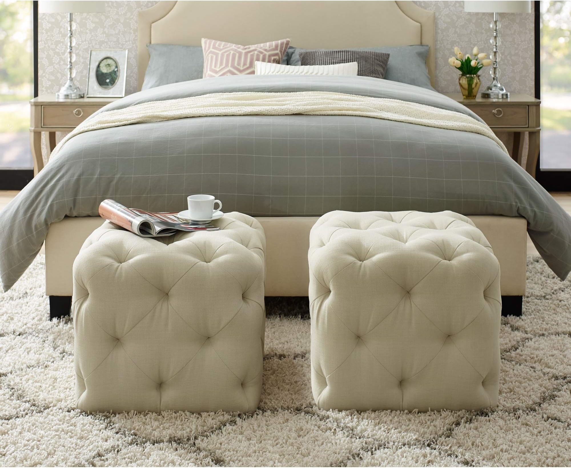 Inspired Home Cream Linen Ottoman - Design: Angel | Square Shaped | Modern | Allover Tufted Design | 1PC
