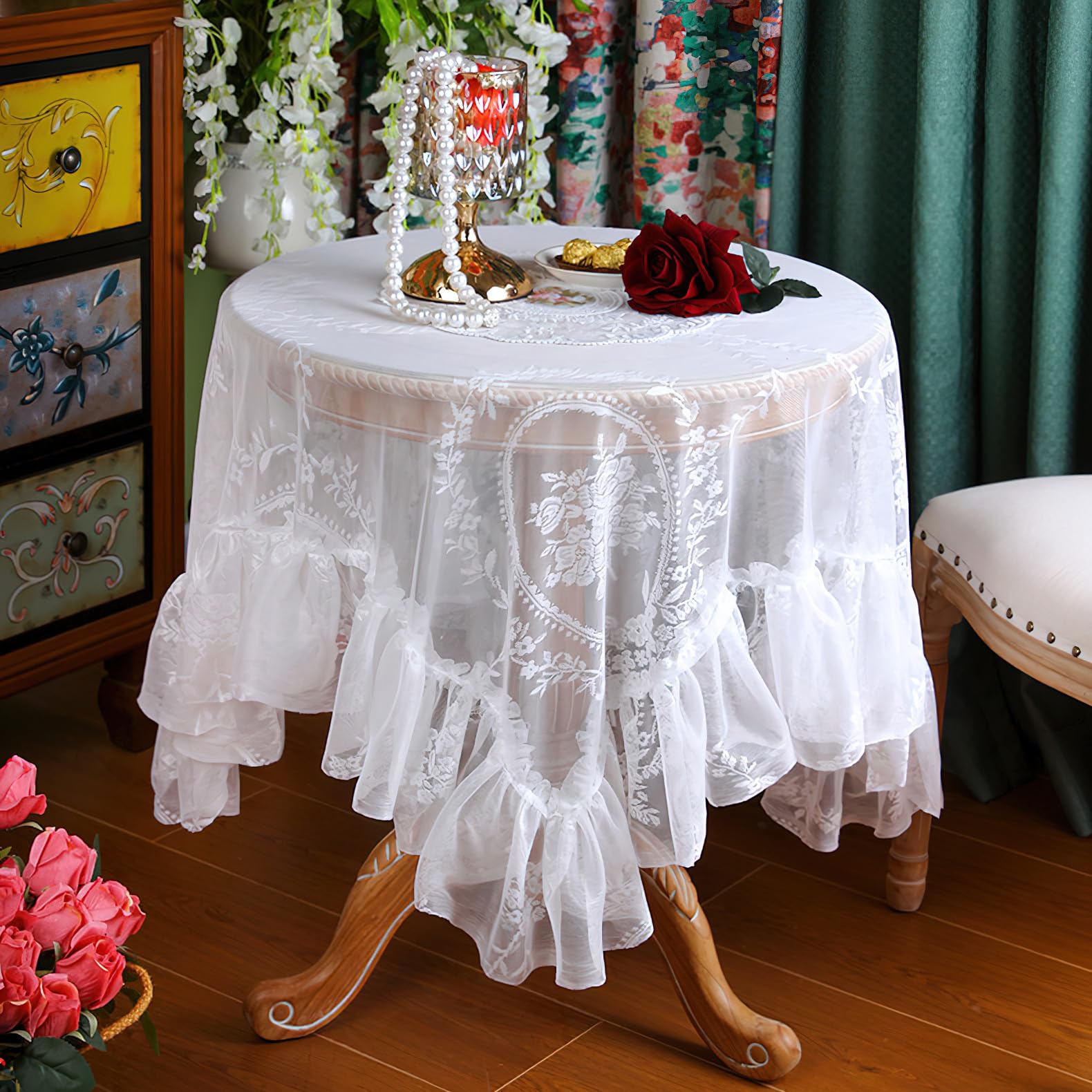 auons Vintage White Lace Tablecloth Flowers Embroidered Ruffles Square Table Cloth, French Rustic Crochet Flounces Table Cover for Wedding Party Banquet Decoration, 52x52inch
