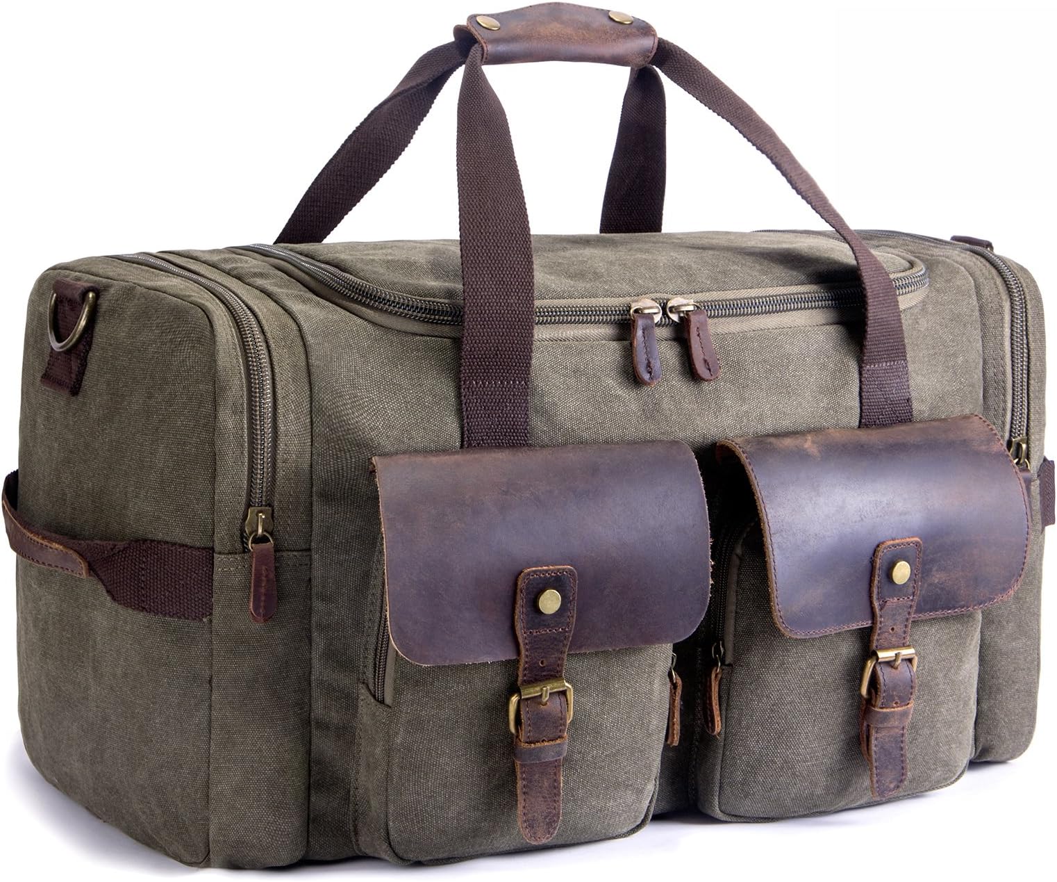 SUVOM Canvas Duffle Bag Genuine Leather Weekend Bag Carry On Travel Tote Duffel Weekender Luggage Oversized Holdalls Handbag for Men and Women with Shoulder Strap