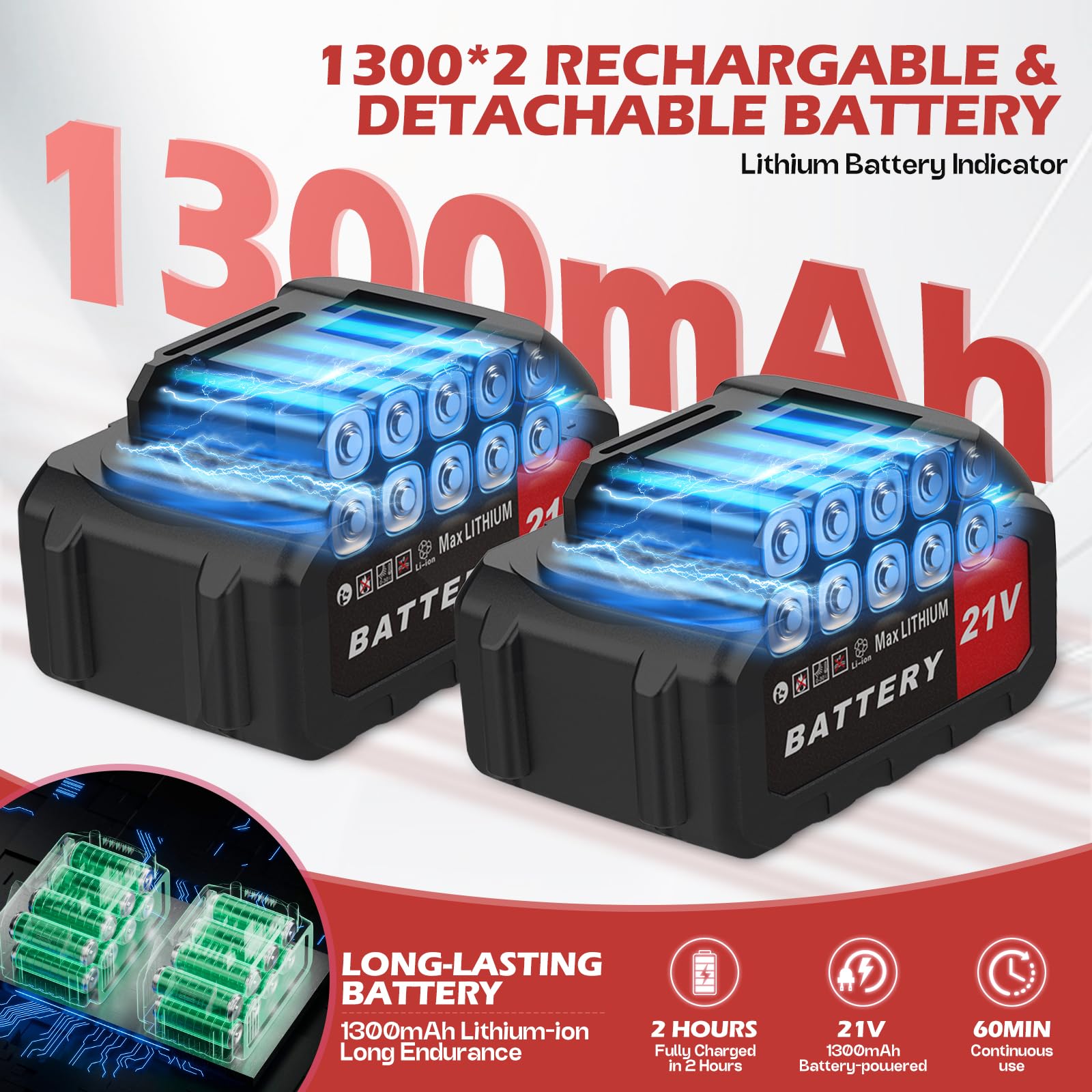 VARAI Hedge Trimmer Cordless, 2 in 1 Cordless Hedge Trimmer with 1300mAh Battery*2, High Power and Large Capacity Hedge Shears for Gardens, Patios and Lawns Charger Included