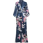 BABEYOND Women's Kimono Robe Long Satin Robes with Peacock and Blossoms Printed Kimono Nightgown