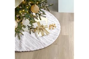 USILAND Christmas Tree Skirt, 24 Inches, White Faux Fur with Sliver Hot Stamping Stripes, for Xmas Holiday Decorations Christmas Home Decor