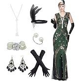 YENMILL Women Evening Dress 1920s Floral Sequin Mermaid Hem Maxi Long Formal Ball Gown with 20s Accessories Set