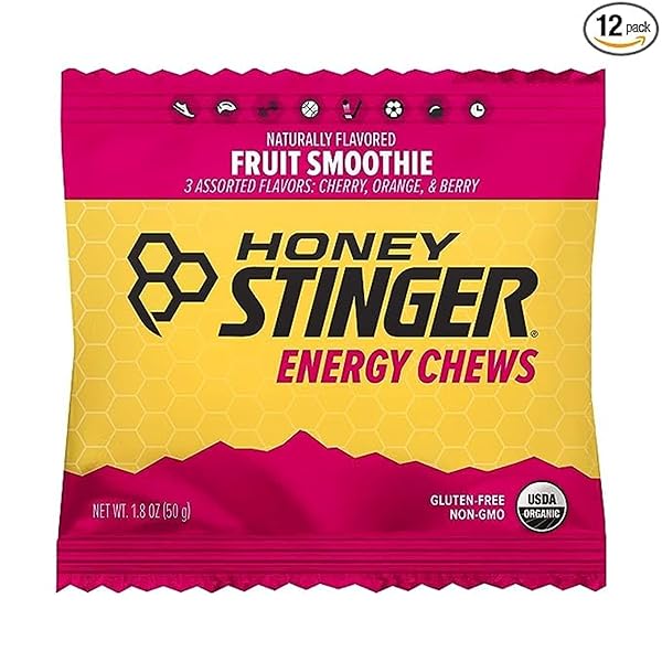 HONEY STINGER ORGANIC FRUIT SMOOTHIE ENERGY CHEW, GLUTEN FREE & CAFFEINE FREE, FOR EXERCISE, RUNNING AND PERFORMANCE, SPORTS NUTRITION FOR HOME & GYM, PRE AND MID WORKOUT, 21.6 OUNCES (PACK OF 12)