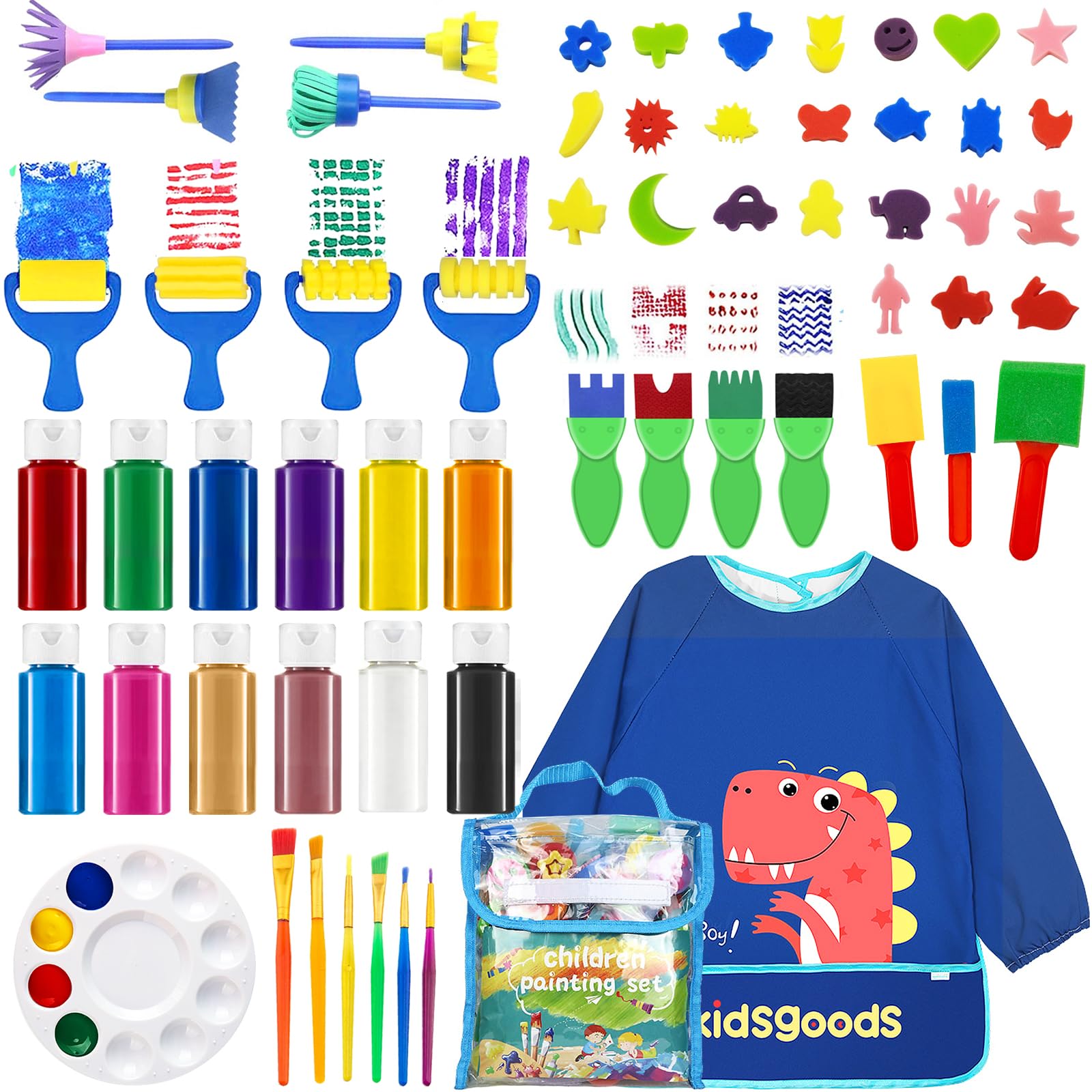 FALUCKYY 60 PACK Art Washable Finger Paint Set-Kids Paint Set with Waterproof Apron & 24 Animal Patterns Baby Safe Painting Tools for Toddlers Early Learning Graffiti