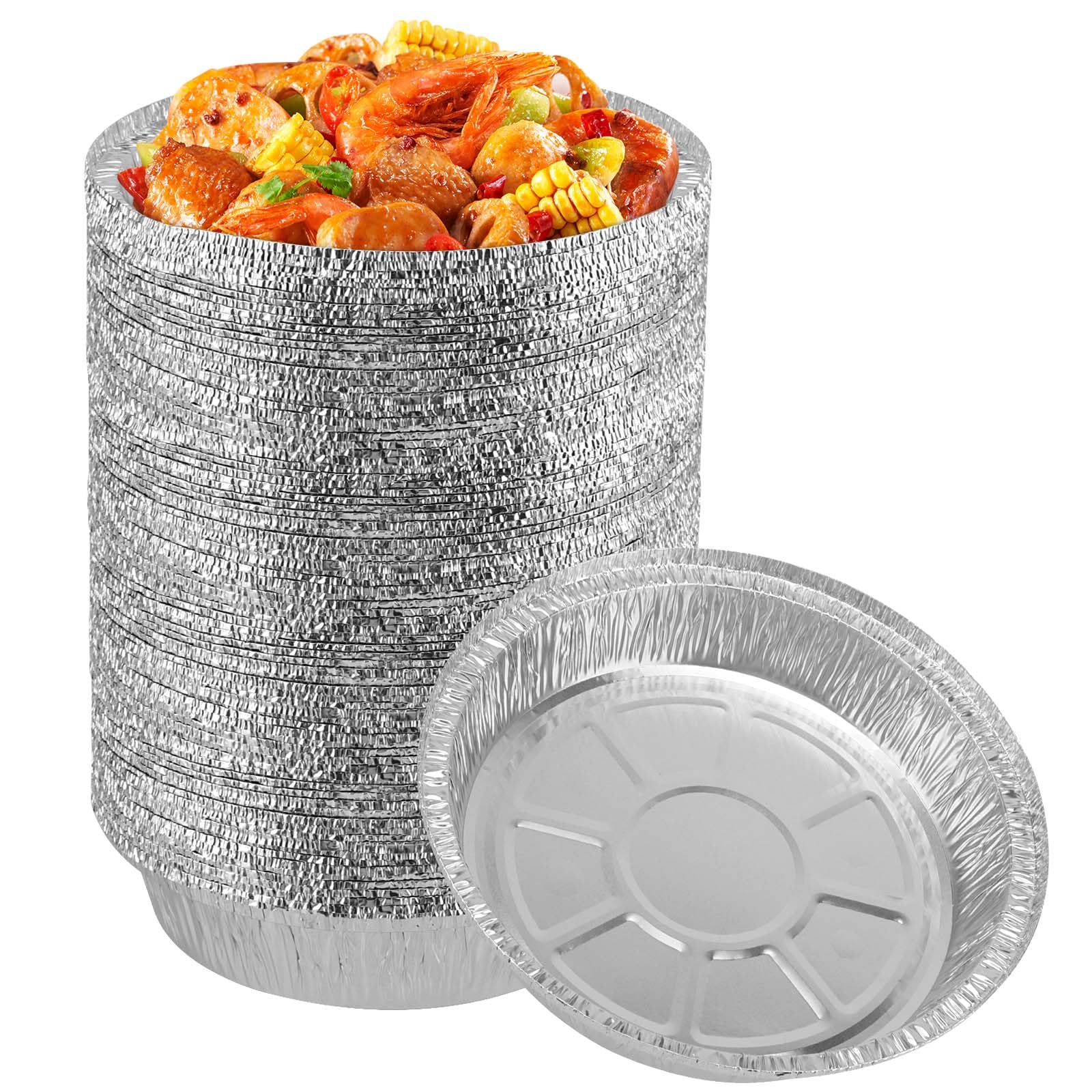 SINJEUN 60 PCS 8 Inch Round Aluminum Foil Trays, Tin Foil Trays Foils Food Containers for Kitchen, Restaurant and Picnic Baking Food