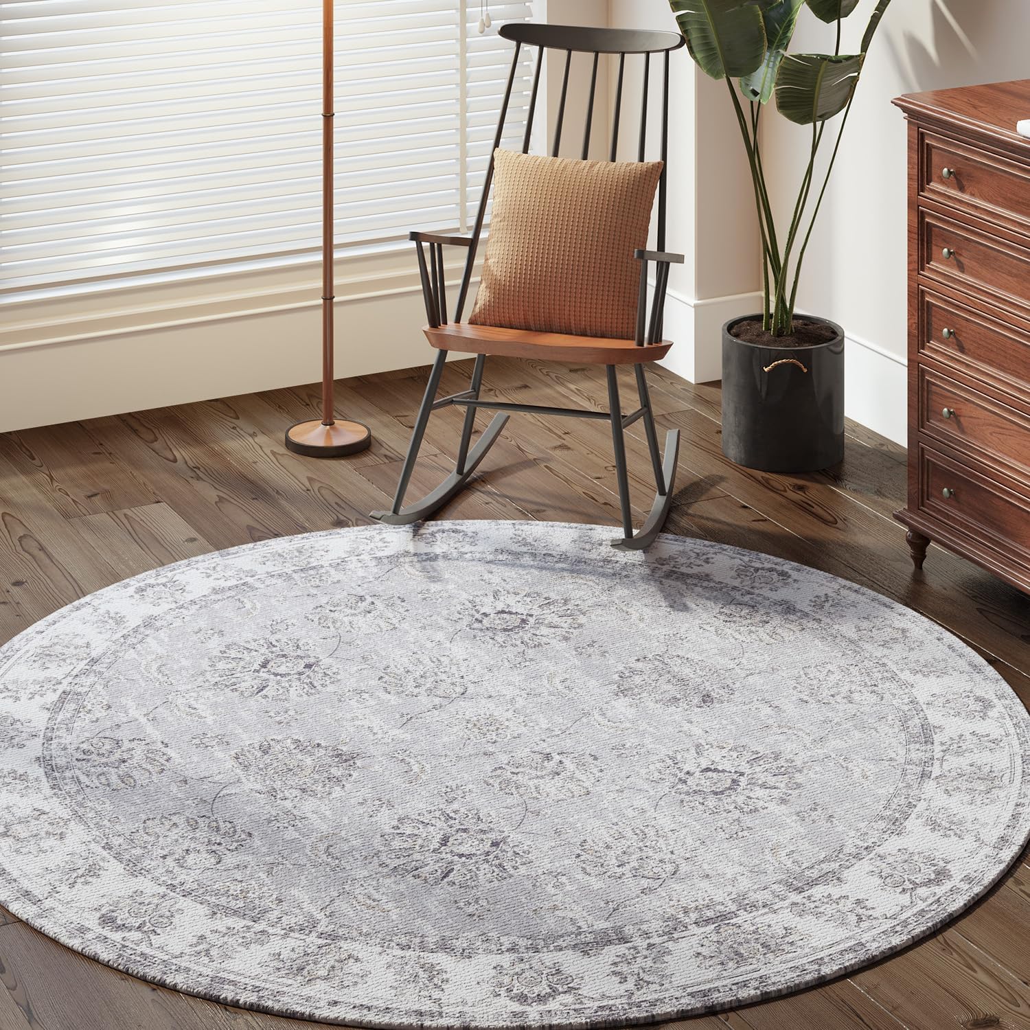 Rugs, Pads & Protectors - jinchan Round Rug 6ft Area Rug Grey Vintage Floor Mat Kitchen Indoor Thin Rug Floral Print Washable Circle Rug 6' Round Gray Retro Accent Rug Farmhouse Non Slip Dining Room Living Room Bedroom