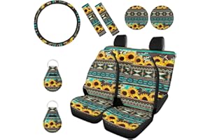 Wanyint Aztec Style Sunflower Print Car Front Rear Seat Cover Back Seat Covers for Women Men Breathable 15 Inch Car Steering Wheel Cover Seat Belt Cover Coasters Keychain, Set of 11