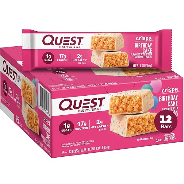 QUEST NUTRITION CRISPY BIRTHDAY CAKE HERO PROTEIN BAR, 17G PROTEIN, 1G SUGAR, 2G NET CARBS, GLUTEN FREE PROTEIN SNACK, KETO FRIENDLY, 12 COUNT