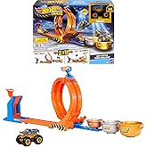 Hot Wheels Monster Trucks Toy Truck & Track Set, Loop-and-Flip Trophy Challenge Playset & 1:64 Scale 50th Anniversary Die-Cas